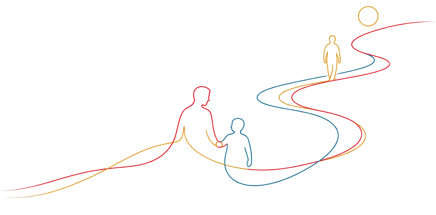 Trois silhouettes reliées par les fils ocre, rouge profond et bleu canard